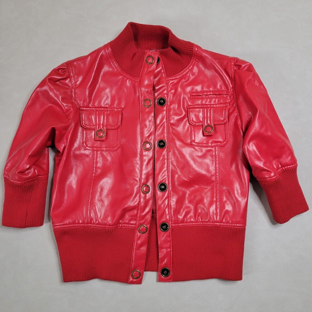 Red Womens Jacket M Motorcycle Bomber Biker Soft Like Leather Snap Button